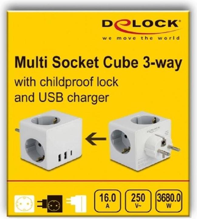 Productafbeelding Delock Stopcontactkubus 3-voudig met kinderslot en USB-lader wit (3 x, CEE 7/3)