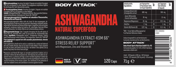 Nährwerte und Zutaten Body Attack Ashwagandha (120 Stück, Kapseln, 71 g)