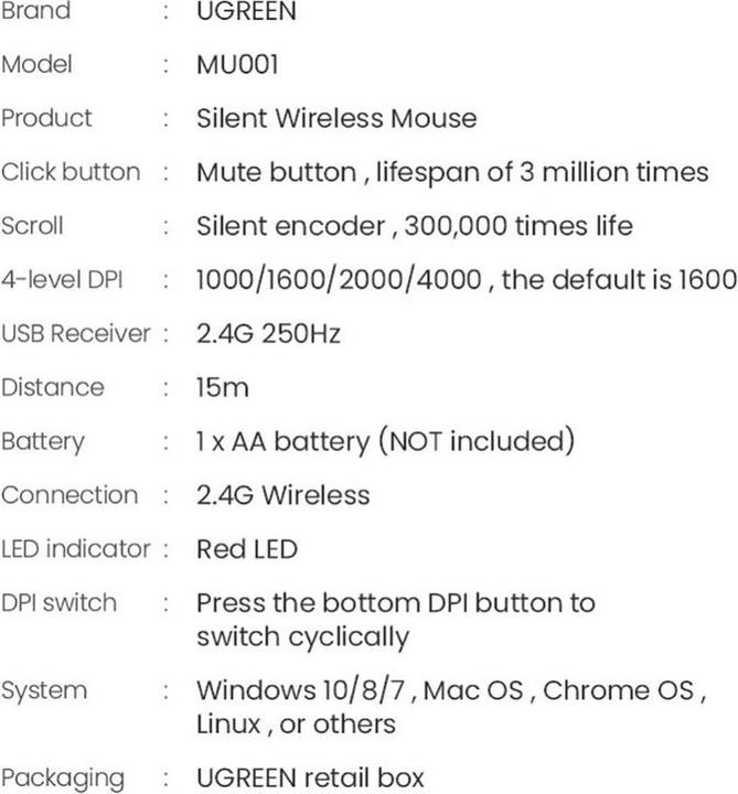 Nutritional values and ingredients Ugreen Wireless mouse MU001 (Wireless)