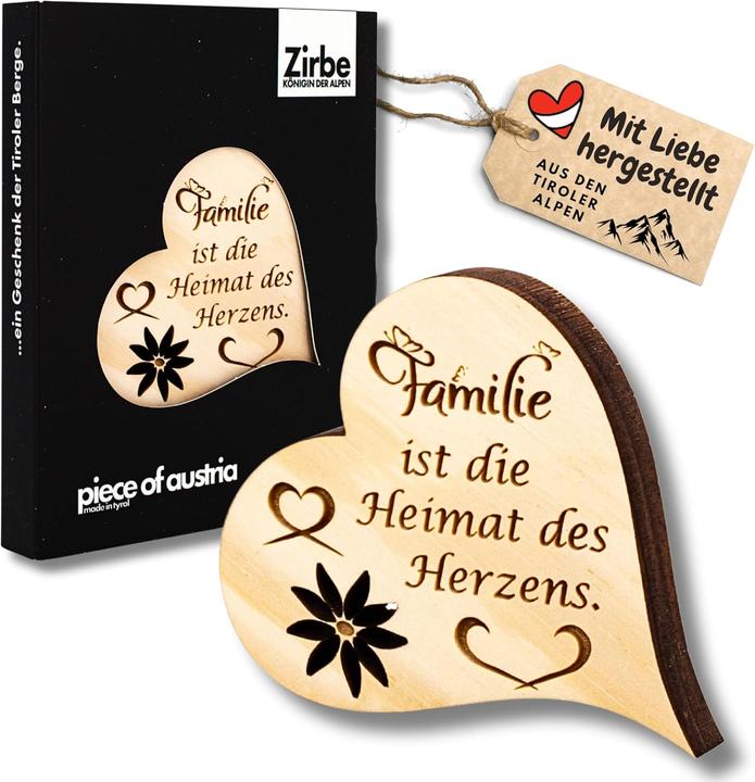 ZNatur Zirben Arven Holz Herz Geschenk Deko mit Gravur Familie ist die Heimat des Herzens No.130
