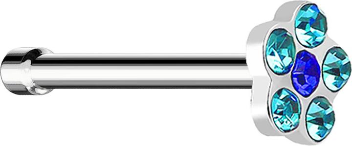 Star Piercing Nasenstecker gerade silber mit Blume und 5 Kristalle aqua (ohne Messing, Chirurgenstahl 316L)