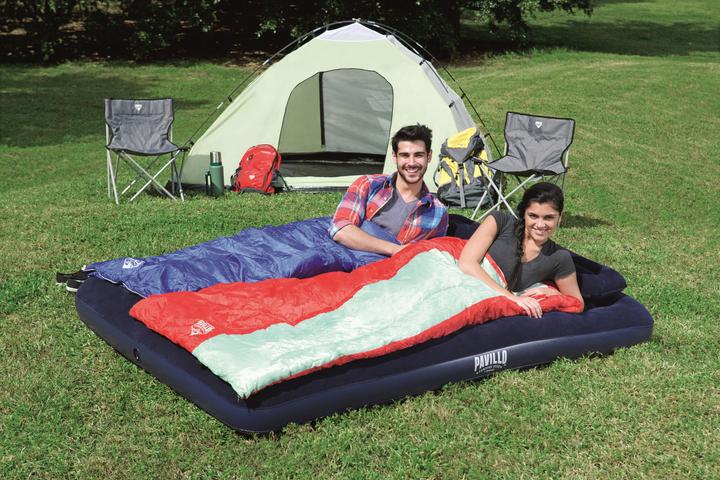 Actual product image Bestway inflatable mattress with pump and pillow, 203x152x22cm, suede