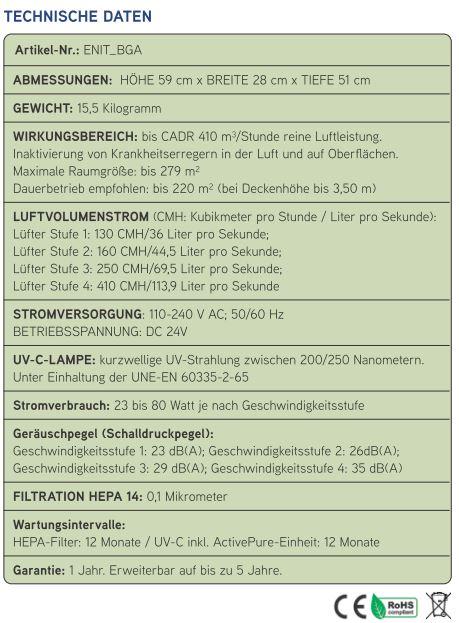 Nutritional values and ingredients ActivePure ENITEK Beyond Guardian Air – Mobiler Hochleistungs-Luftreiniger