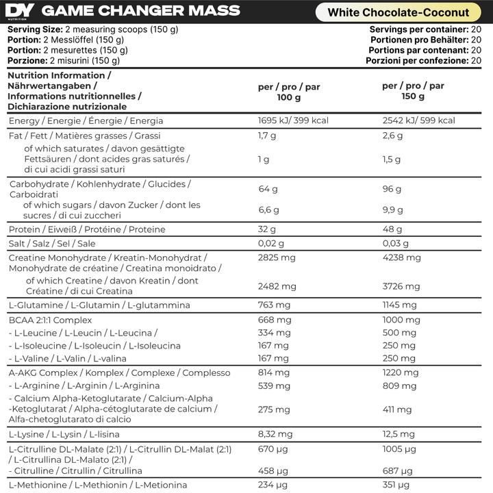 Nährwerte und Zutaten DY Nutrition Game Changer Mass (White Chocolate Coconut, 3000 g)
