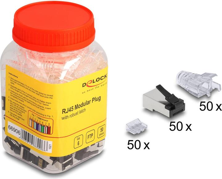 Image du produit Delock Connecteur modulaire RJ45 avec ergot d'arrêt robuste Cat.6 et manchon anti-pli, lot de 50