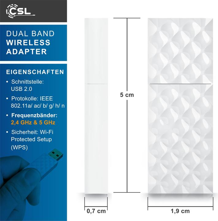 Actual product image CSL WLAN USB adapter, WIFI dual band stick dongle 433 MBit/s, 2.4 GHz / 5 GHz, 802.11ac, WPS, Windows 11 (USB 2.0)