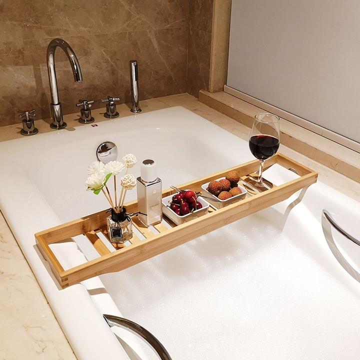 Produktbild König Design 70cm Badewannenablage aus Bambus Badewannenbrett Regal rutschfeste Oberfläche