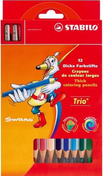 Productafbeelding STABILO Trio dik driehoekig krijt met puntenslijper (Veelkleurig, 12 x)