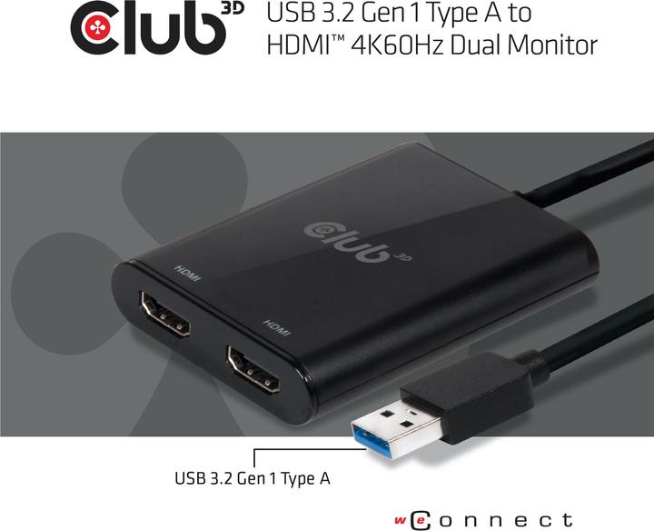 Image du produit Club 3D Adaptateur USB A vers HDMI 2.0 double moniteur 4K 60Hz