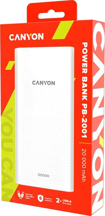 Actual product image Canyon Power bank PB-2001 20000 mAh White (20000 mAh, 20 W, 74 Wh)