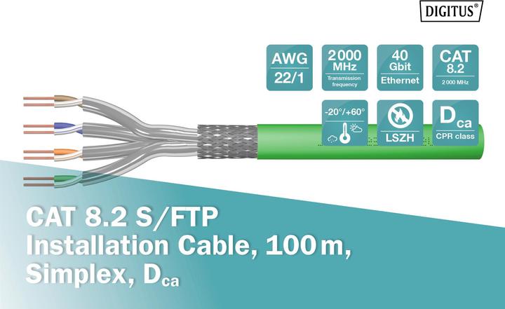 Productafbeelding Digitus CAT 8.2 S/FTP installatiekabel, 100 m, simplex, Dca (STP, CAT8.2, 100 m)
