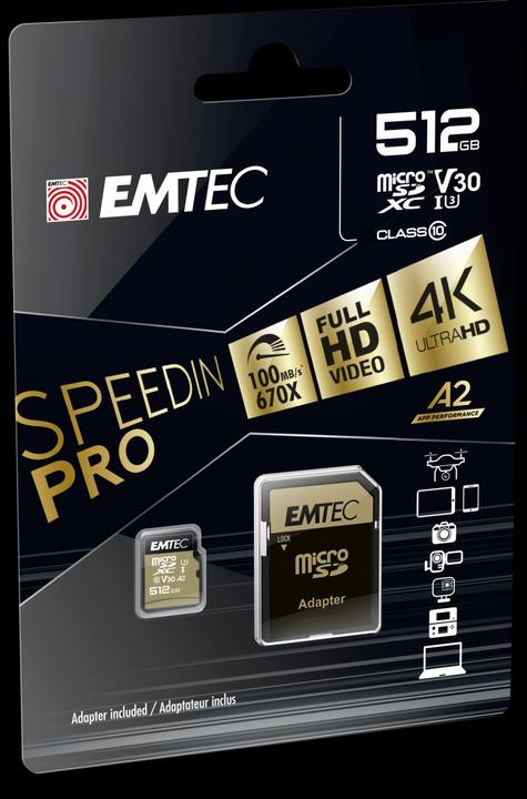Produktbild Emtec mSD 512GB UHS-I U3 V30 A2 SpeedIN (512 GB, microSDXC, U3, UHS-I)