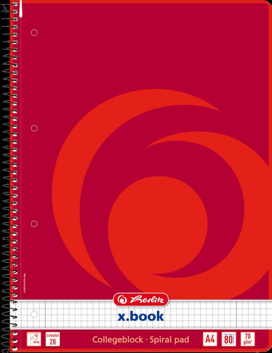 Herlitz Collegeblock x-book, DIN A4, 80 sheets, squared, ruling 28, margin left and right, 70 gsm, woodfree (A4, Checked, Hardcover)