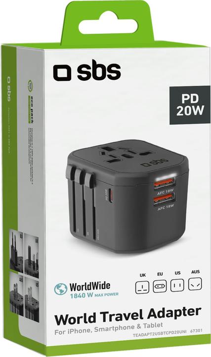 Produktbild SBS Universal travel adapter with 2 USB ports and 1 type-C PD20W