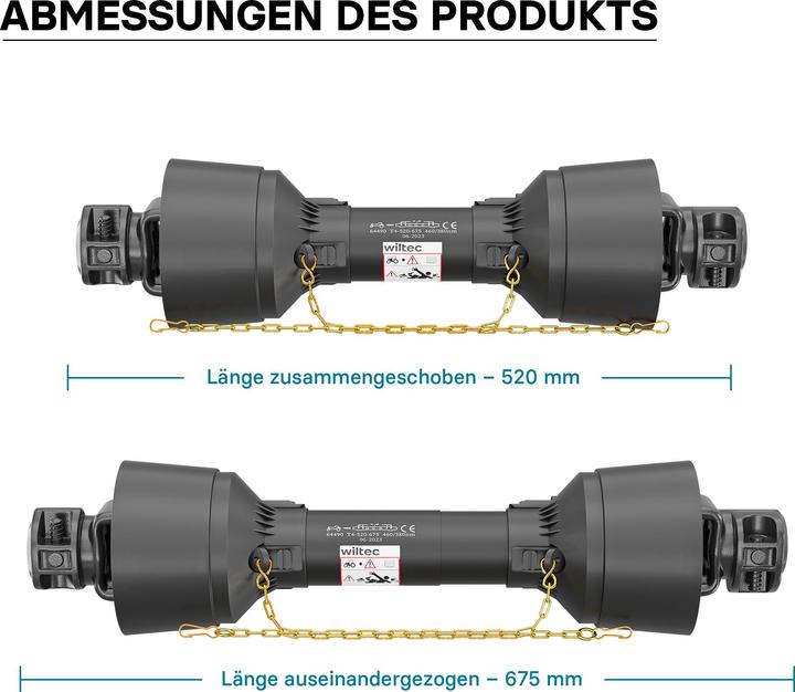 Produktbild Wiltec Zapfwelle T4 Gelenkwelle 520-675mm 460Nm 540U/min PTO-Shaft 40kW 1 3/8" 6 Zähne (Traktorzubehör)