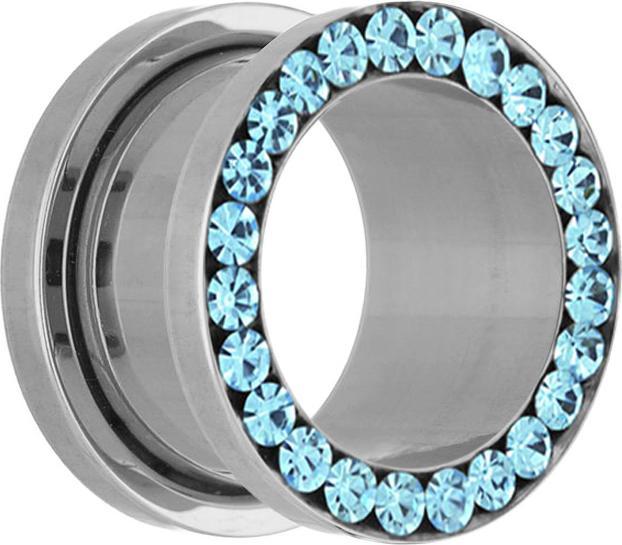 Produktbild Star Piercing Flesh Tunnel silber mit Kristall aqua (ohne Messing, Chirurgenstahl 316L)