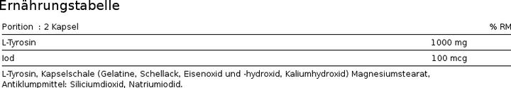 Valori nutrizionali e ingredienti Biotech USA L-Tirosina (100 Pezzo/i, Pillole)