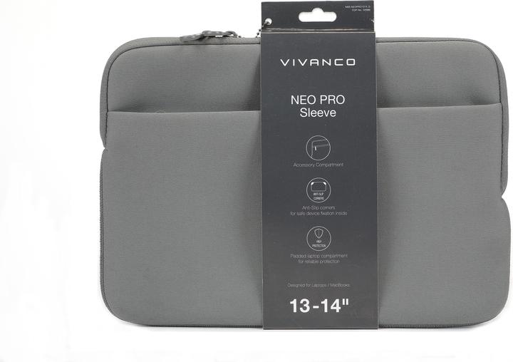 Produktbild Vivanco NEO PRO Notebook Sleeve fuer 13-14" Geraete, inkl. Vorderfach, grau, Neopren (14")