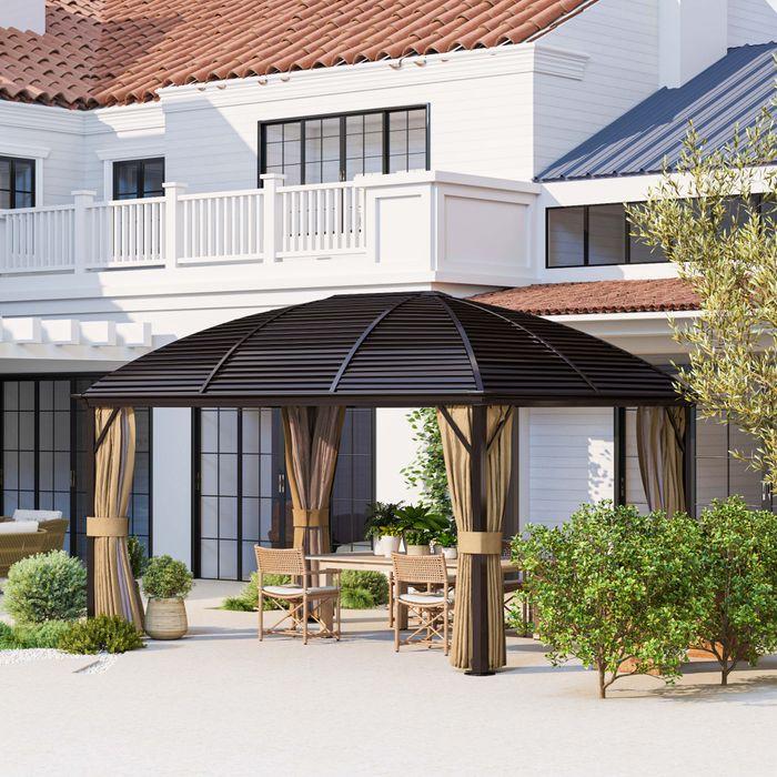 Produktbild Swisshandel24 Pavillon mit Hardtop, 4x3 m Wasserdicht Stabil Winterfest Moskitonetz, Alu, Braun (398 cm, 298 cm)