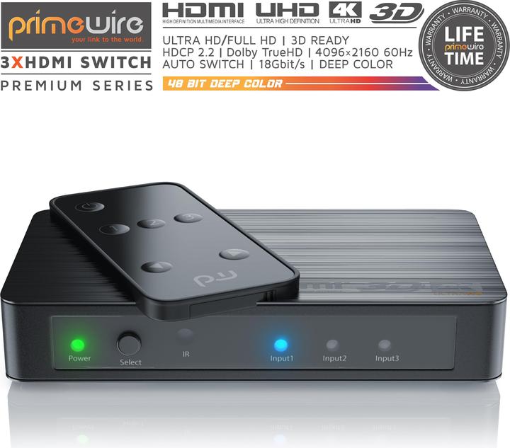 Produktbild CSL 3 Port HDMI 2.0 Switch + 4 x HDMI 2.0 Kabel 1,5 m, Umschalter inkl. Fernbedienung, Ultra HD