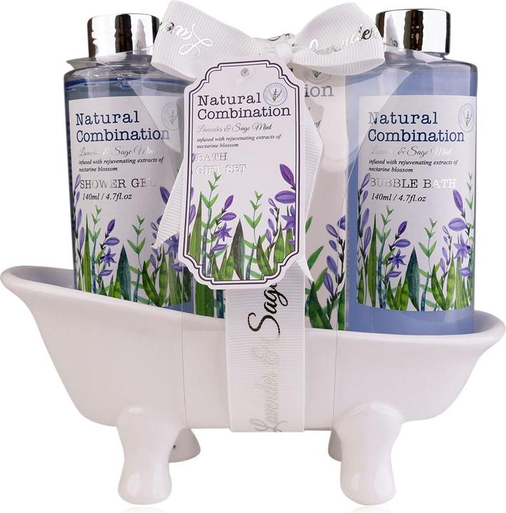 Accentra Badeset LAVENDEL in Keramikbadewanne, inkl. 140ml Duschgel, 140ml Schaumbad, 50g Badesalz, Duft: Lav (Haarpflege set)