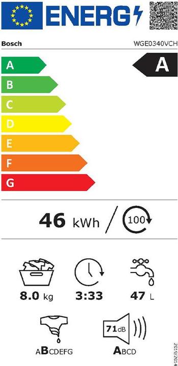 Energie-Label Bosch Hausgeräte WGE0340VCH & WQG233D1CH (9 kg, Links)