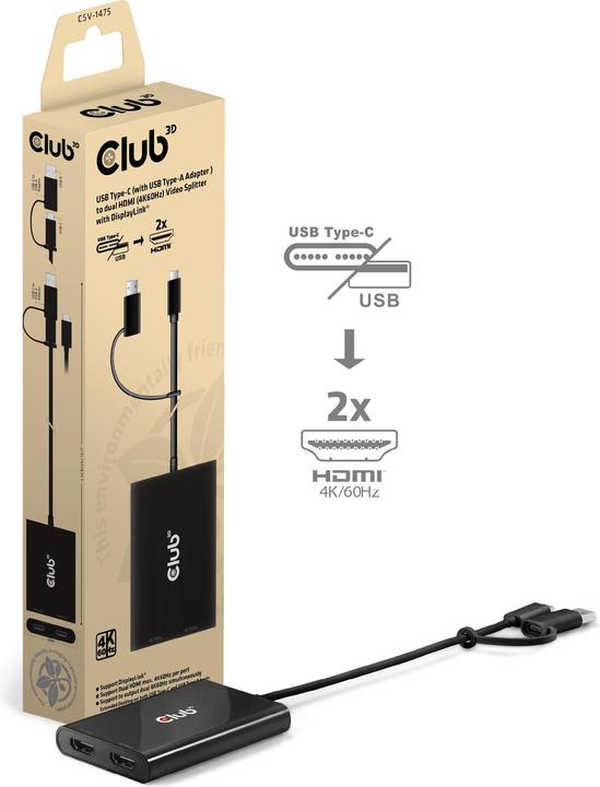 Produktbild Club 3D Club3D Adapter USB-C (USB A Adapter) > 2x HDMI 4K@60Hz St/Bu retail (USB Typ-C, 9 cm)