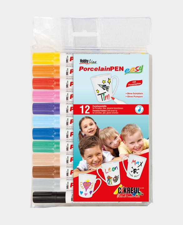 Actual product image Kreul Porzellanmarker "PorcelainPEN easy" Set (Rose, Brown, Black, Orange, Cream, Yellow, Grey, Violet, Dark Blue, Dark green, Light blue, Cherry red, 3 mm, 12 x)