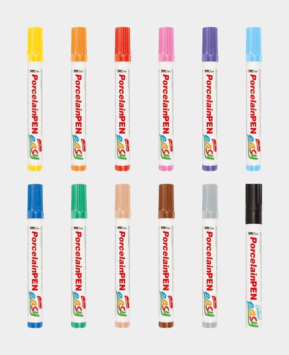 Actual product image Kreul Porzellanmarker "PorcelainPEN easy" Set (Rose, Brown, Black, Orange, Cream, Yellow, Grey, Violet, Dark Blue, Dark green, Light blue, Cherry red, 3 mm, 12 x)