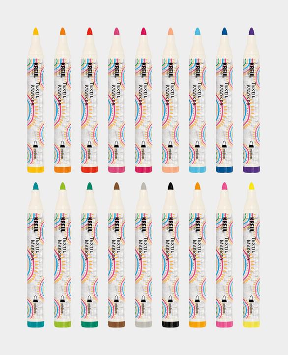 Produktbild Kreul Textil Marker medium Junior 18er Set (Braun, Grau, Rot, Pink, Grün, Violett, Hellgrün, Rosa, Hellpink, Blau, Schwarz, 4 mm, 18 x)