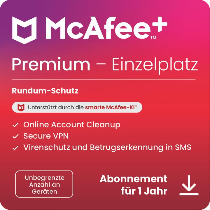 McAfee + Premium Einzelplatz (Unbegrenzte Anzahl von Geräten) (1 Utilisateur, 1 Périphériques/Utilisateurs, 12 mois)