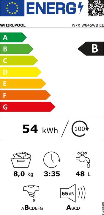 Label énergétique Whirlpool PRALKA W7X W845WB EE Silence suprême (8 kg, Gauche)