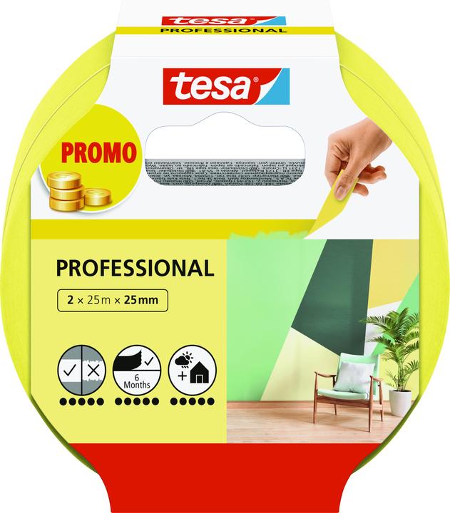 Produktbild tesa 2x Malerkrepp PROFESSIONAL, Malerband für besonders präzises Abkleben, Zweierpack (25 mm)
