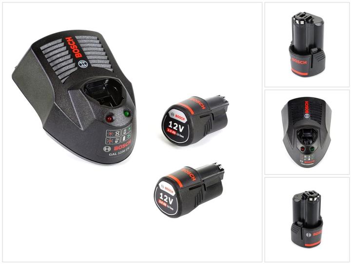 3000 mAh Li-Ion rod slide-in battery, 1x Bosch GAL 1230 CV Professional quick charger, 2x GBA 12 V 3.0 Ah