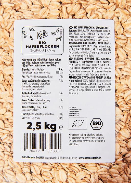Valeurs nutritives et ingrédients KoRo Flocons d'avoine bio (2500 g)