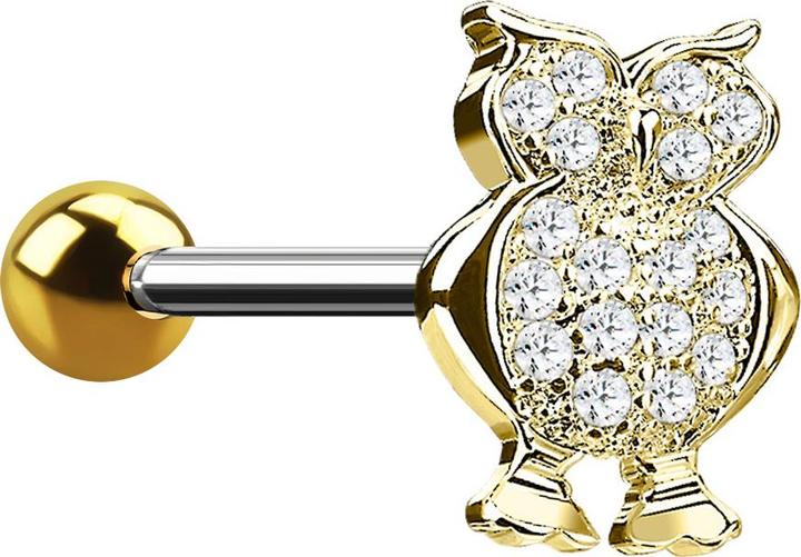 Star Piercing Micro Barbell 14k vergoldet Eule mit Kristallen (Messing, Chirurgenstahl 316L)