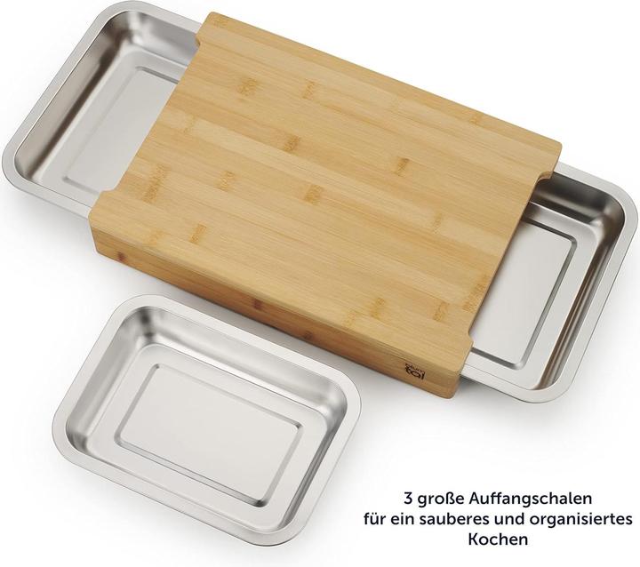 Produktbild Mara Vital Schneidebrett aus Bambus mit 3 Edelstahl-Auffangschalen und Antirutschfüssen – 40 × 28,5 cm