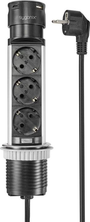 Productafbeelding Sygonix SY-4997104 Stekkerdoos zwart, roestvrijstalen aardingscontact 1 stuk. (3 x, CEE 7/3, 1.50 m)