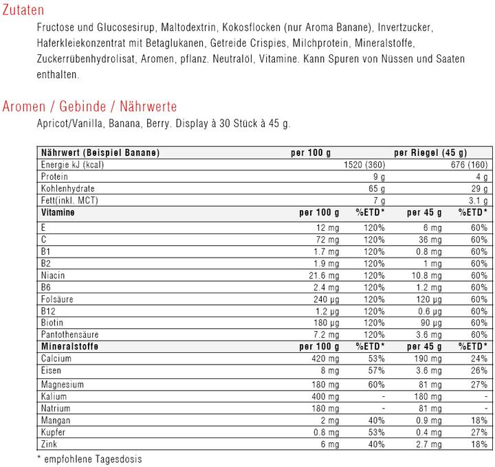 Nährwerte und Zutaten Sponser High Energy Bar (Aprikose, Vanille, 30 Stk., 1350 g)