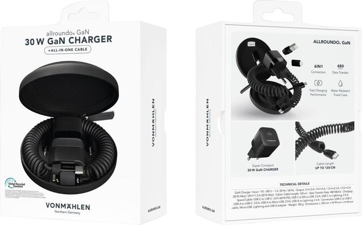 Image du produit Vonmählen Allroundo GaN Câble de charge tout-en-un + chargeur USB C 33 W (1.20 m, USB 2.0)