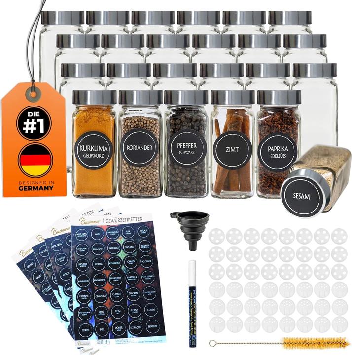 Cuccinara 12er-Set Gewürzgläser mit Etiketten & Streueinsätzen (0.12 l)