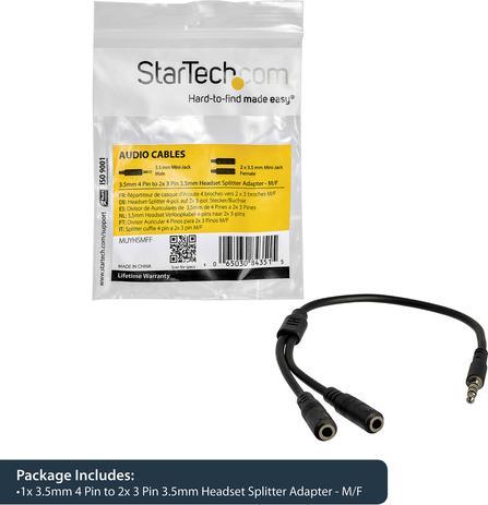 Produktbild StarTech 3,5mm Klinke Audio Y-Kabel - 4 pol. auf 3 pol. Headset Splitter (0.20 m)