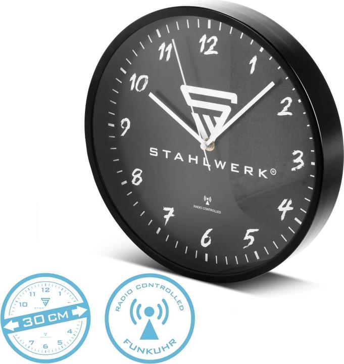 Produktbild Stahlwerk Wanduhr 30 cm schwarze Werkstattuhr mit Aluminium-Gehäuse RCC-Uhrwerk (30 cm)