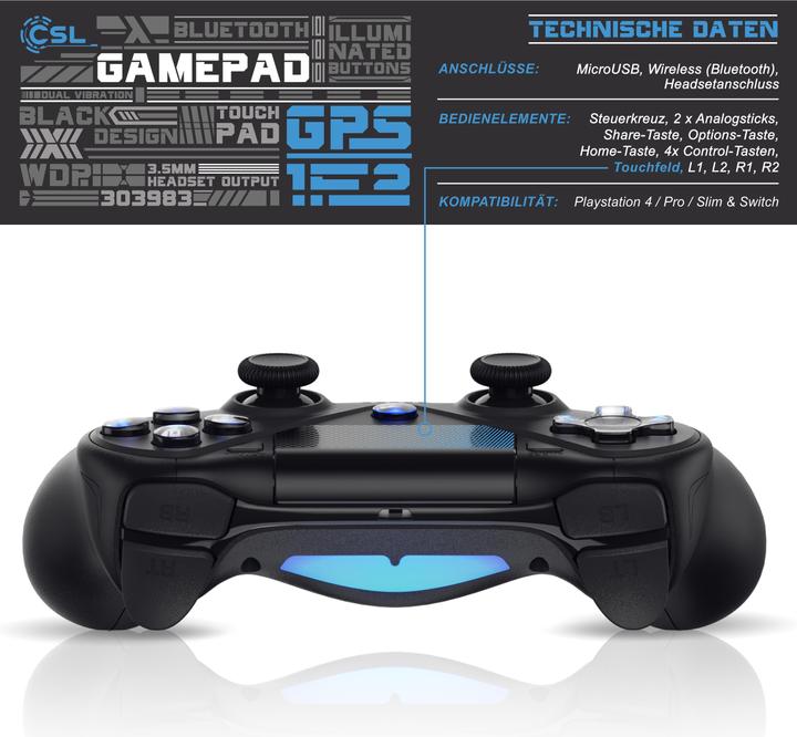 Actual product image CSL Gaming controller, wireless gamepad for PS4, Playstation & Switch, Bluetooth & cable, touchpad (Switch, PS4)