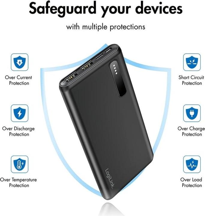 Immagine prodotto LogiLink Powerbank PA0311 nero, 8000 mAh, 2x USB-A, cavo 2-in-1 (8000 mAh, 12 W)