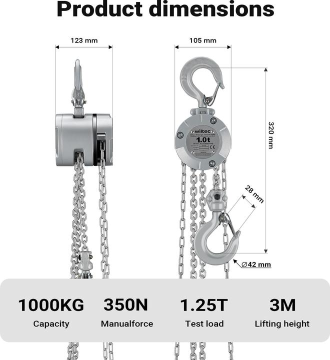 Image du produit Wiltec Kettenzug bis 1t Handkettenzug 3m Hubhöhe Tragmittel Hebezeug Hebelzug