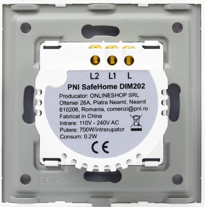 PNI Double switch with touch and dimmer SafeHome DIM202, 2X700W, Live Wire, without zero, glass