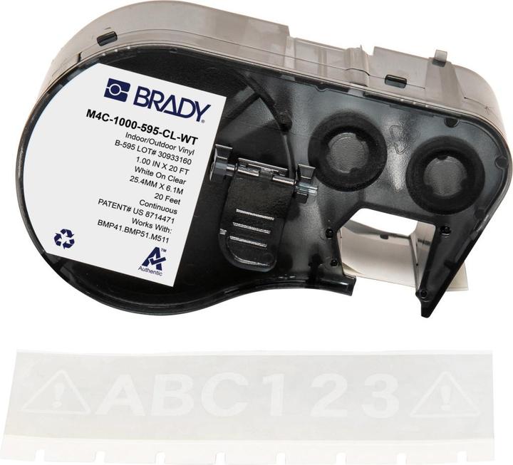 Immagine prodotto Brady M4C-1000-595-CL-WT, vinile, bianco su trasparente, 25,40 mm x 6,10 m, permanente, continuo