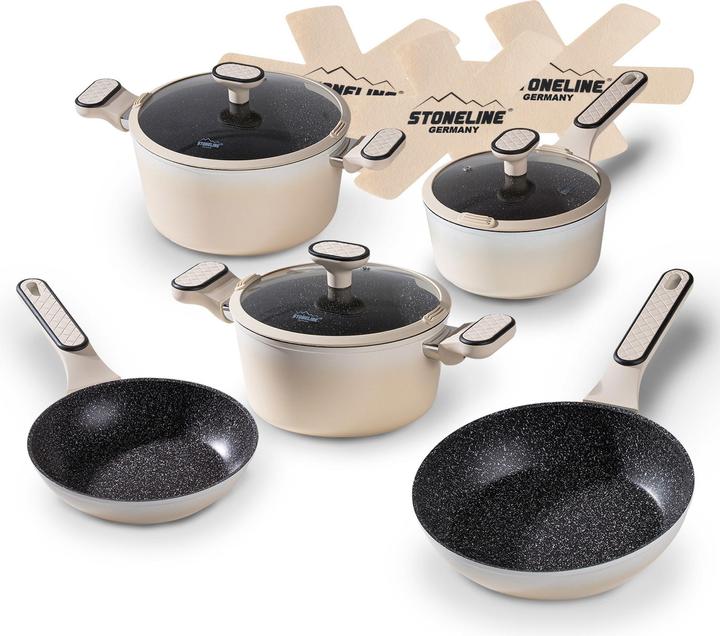 Actual product image Stoneline ® Creme Kochgeschirr-Set 11-teilig mit Deckeln, beschichtete Töpfe & Pfannen (Pan set + pot set, Ceramic)