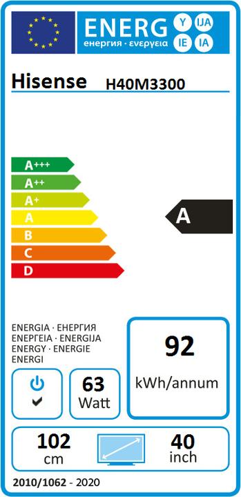 Etichetta energetica Hisense H40m3300 (40", LCD, 4K)